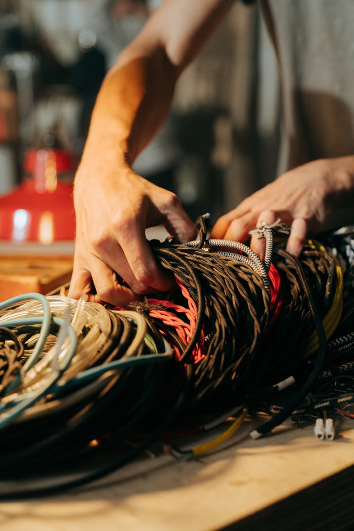 Close-up of hands sorting through a collection of colorful wires and cables.